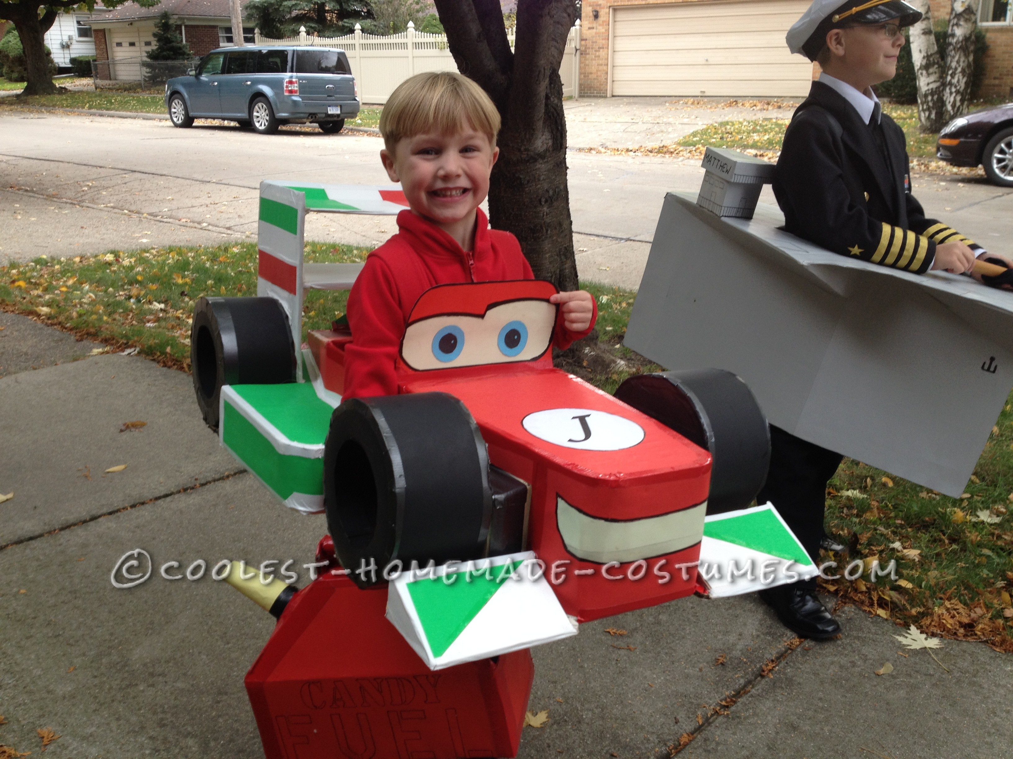 Homemade Lightning McQueen Halloween costume. Made from recycled