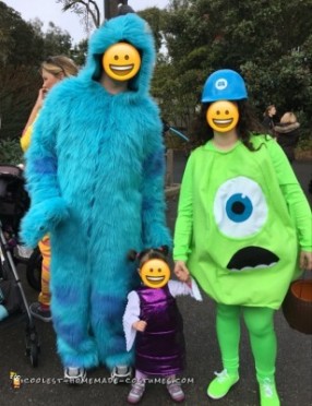 Cool Homemade Monsters Inc Family Costumes: Sully, Mike Wazowski and Boo